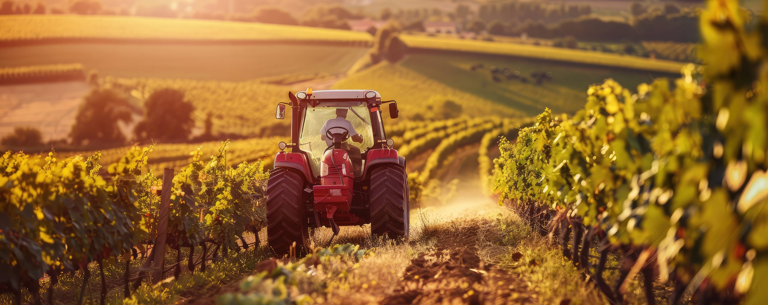 Trattore. A farmer drives a tractor through rows of lush vines in a well-maintained vineyard during harvest Trattore
