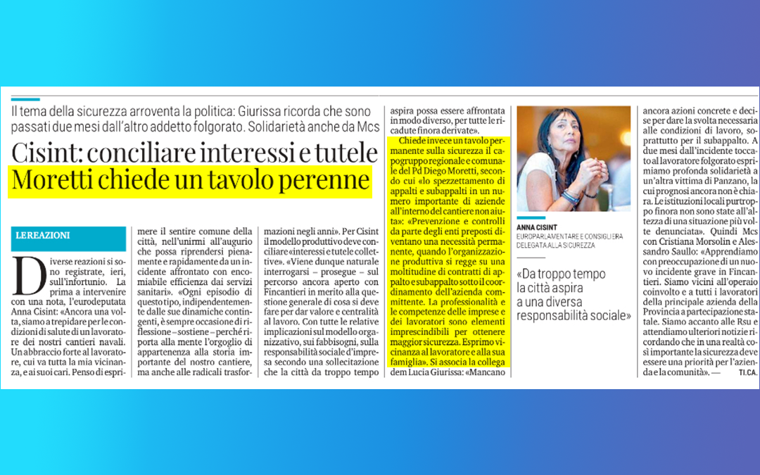 Incidenti lavoro: Moretti (Pd), si attivi tavolo permanente sicurezza