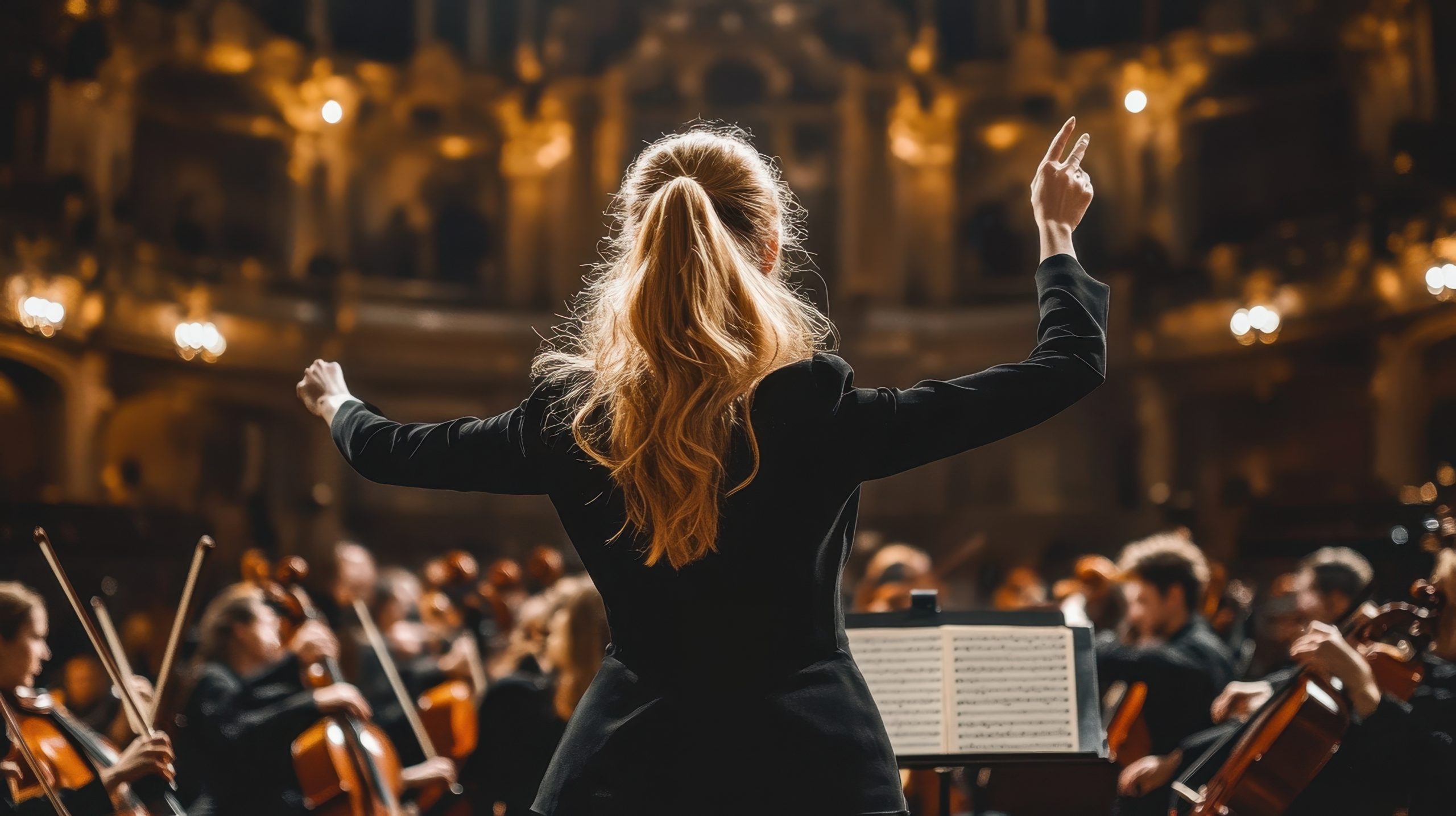 Woman conductor leading orchestra in a concert hall. Concept of music, art, performance, and classical music.