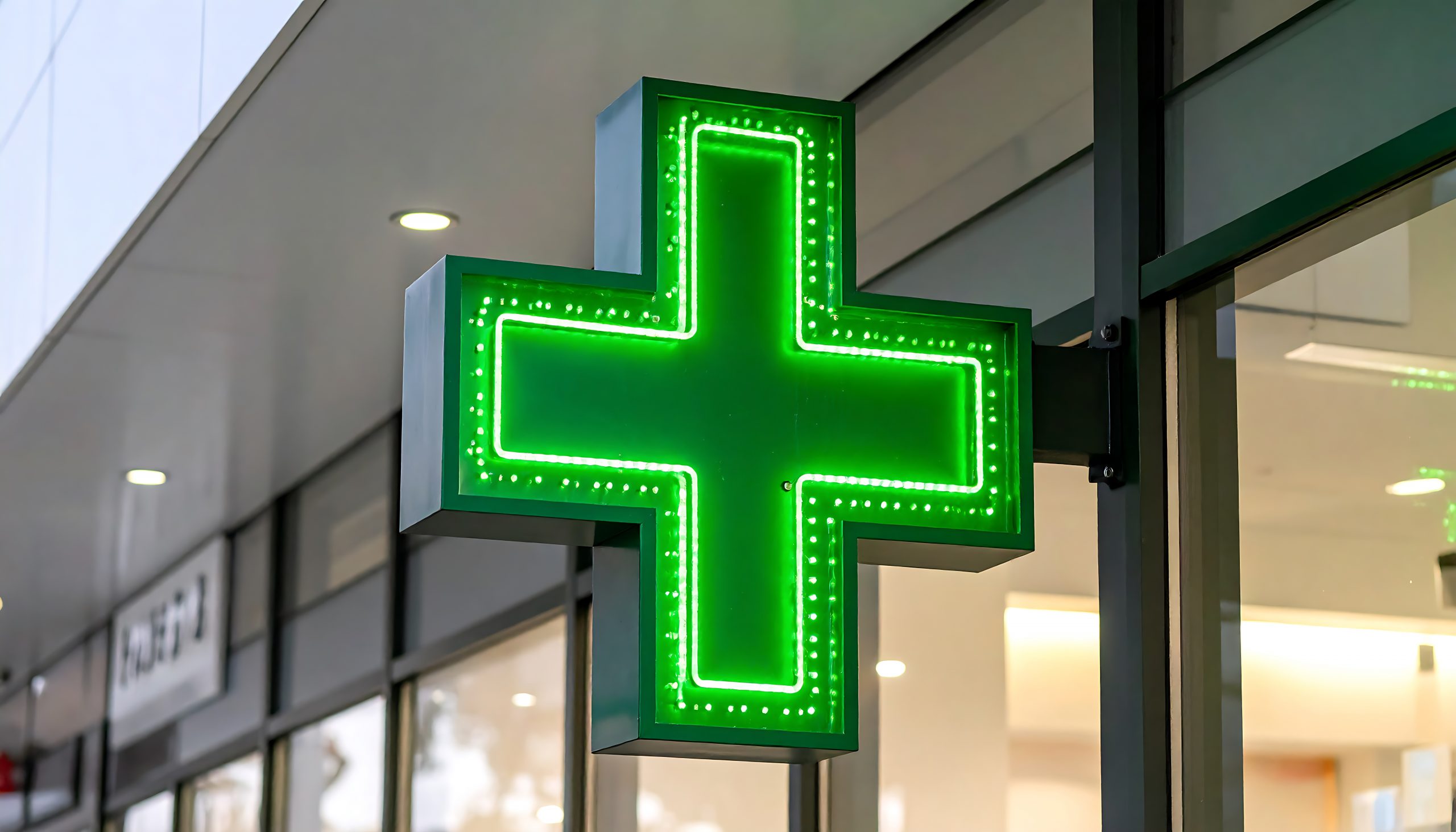 Illuminated green cross outside a pharmacy indicates health and wellness services available