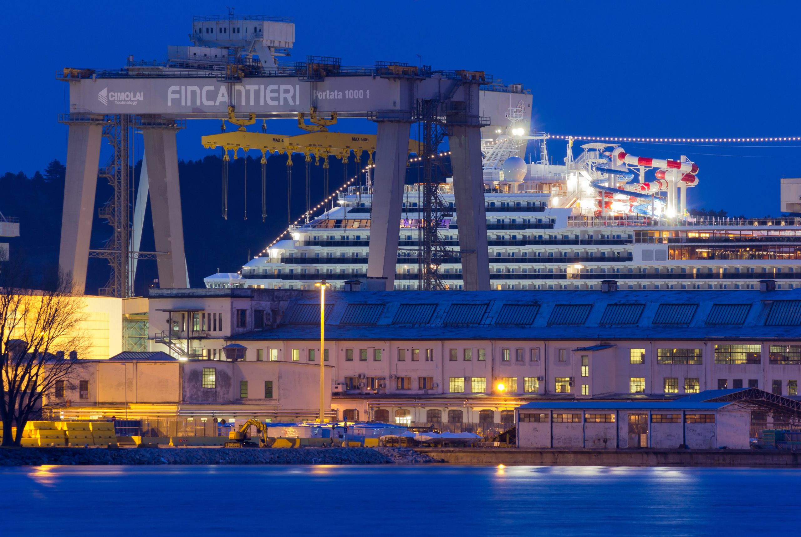 fincantieri – Monfalcone, Italy – March 27, 2018: Carnival Horizon giant cruise ship in the Monfalcone shipyard the evening before its delivery
