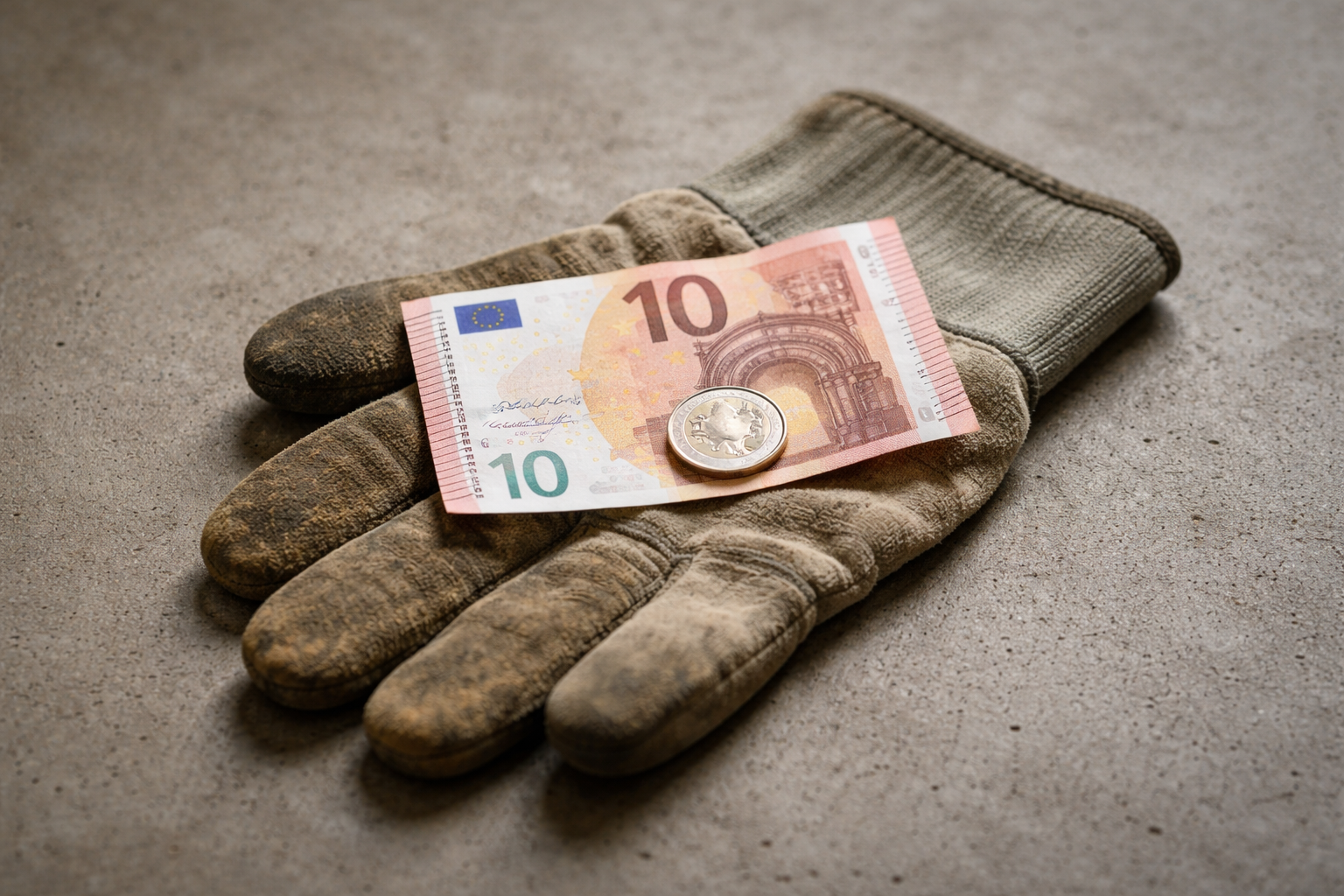 Salario Minimo, 12€ su guanto da lavoro [immagine generata con AI]