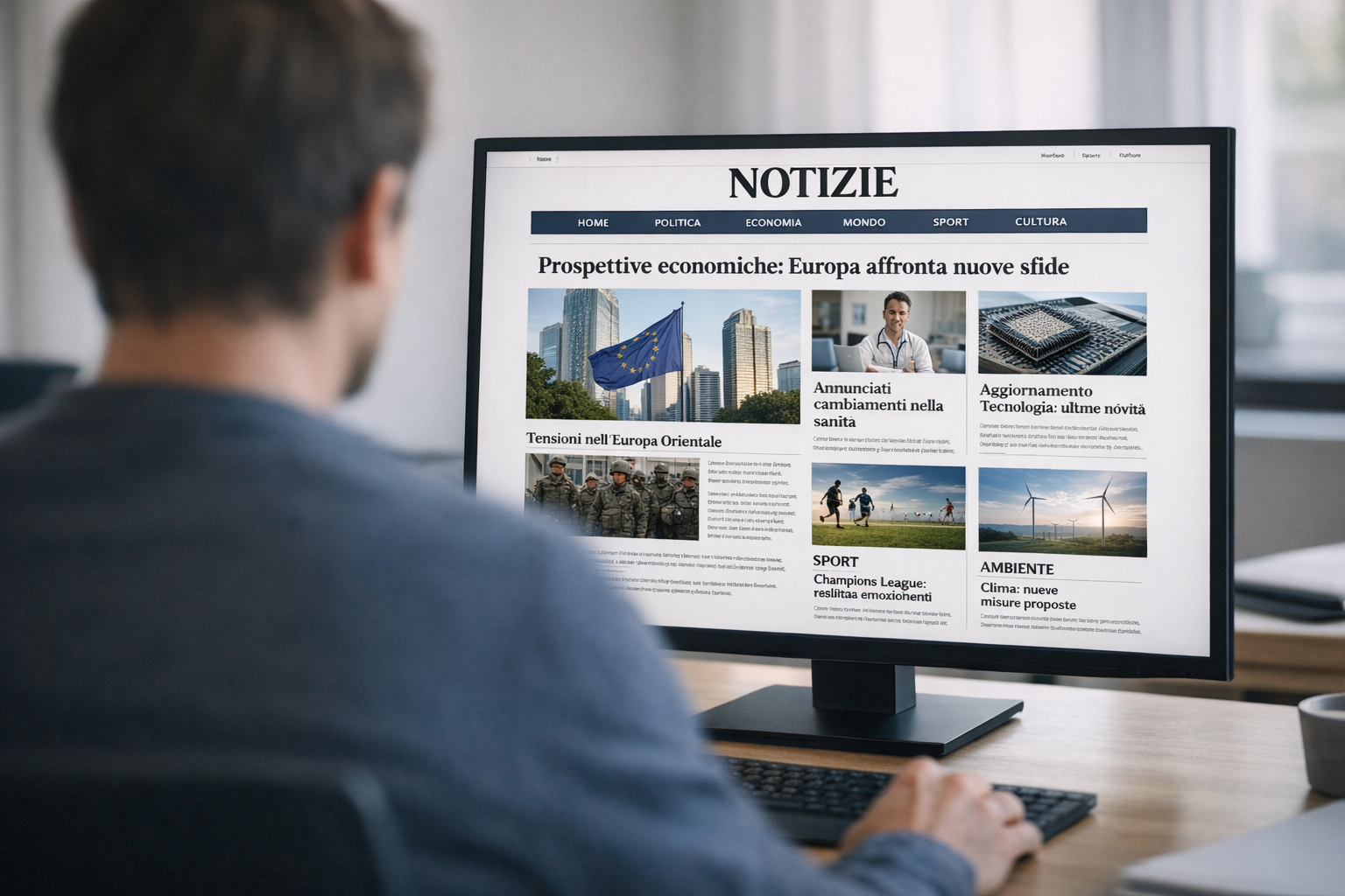 Persona che legge un giornale online [immagine generata con AI]