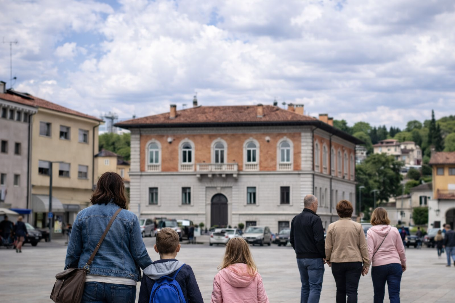 Monfalcone, piazza, madre e figli, [immagine generata con AI]
