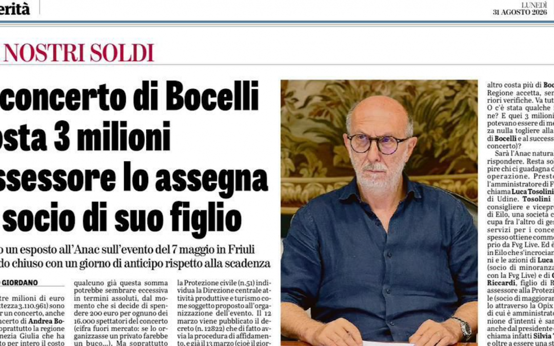 Concerto Bocelli: Csx, Fedriga chiarisca gestione clientelare